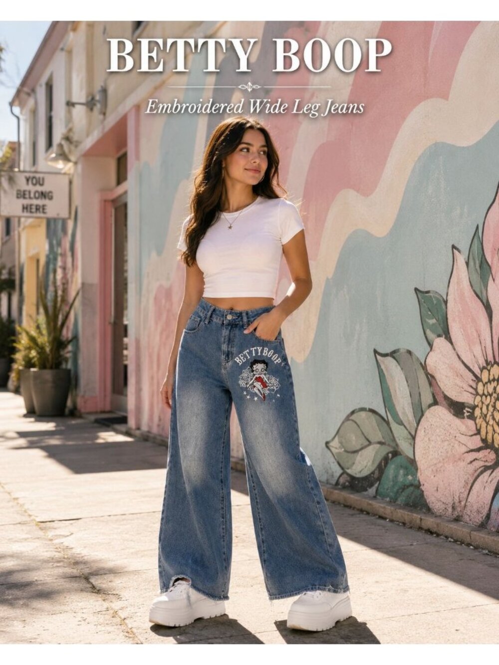 ROMWE Fleischer Studios Betty Boop Wide Leg Jeans Sz S Blue Embroidered Y2K